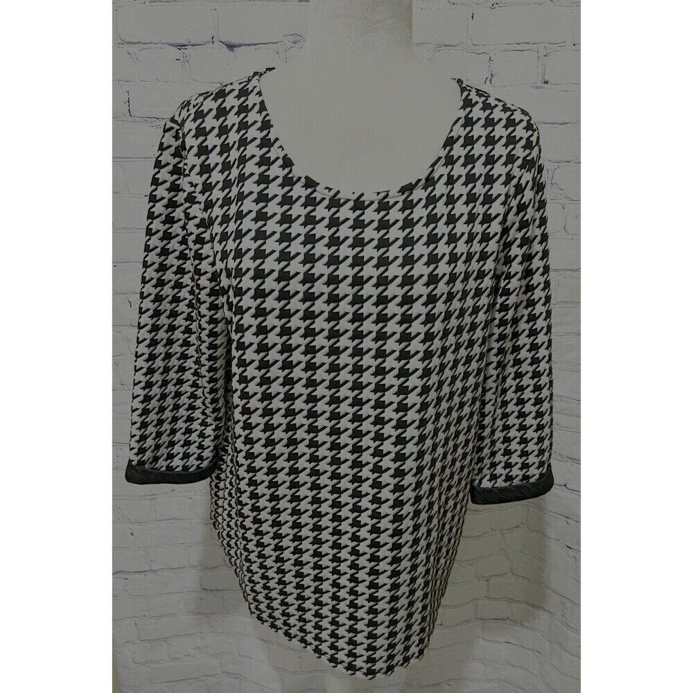Chico's Blouse Womens Black White Houndstooth Polyester 3/4 Sleeve Office 2/M/12